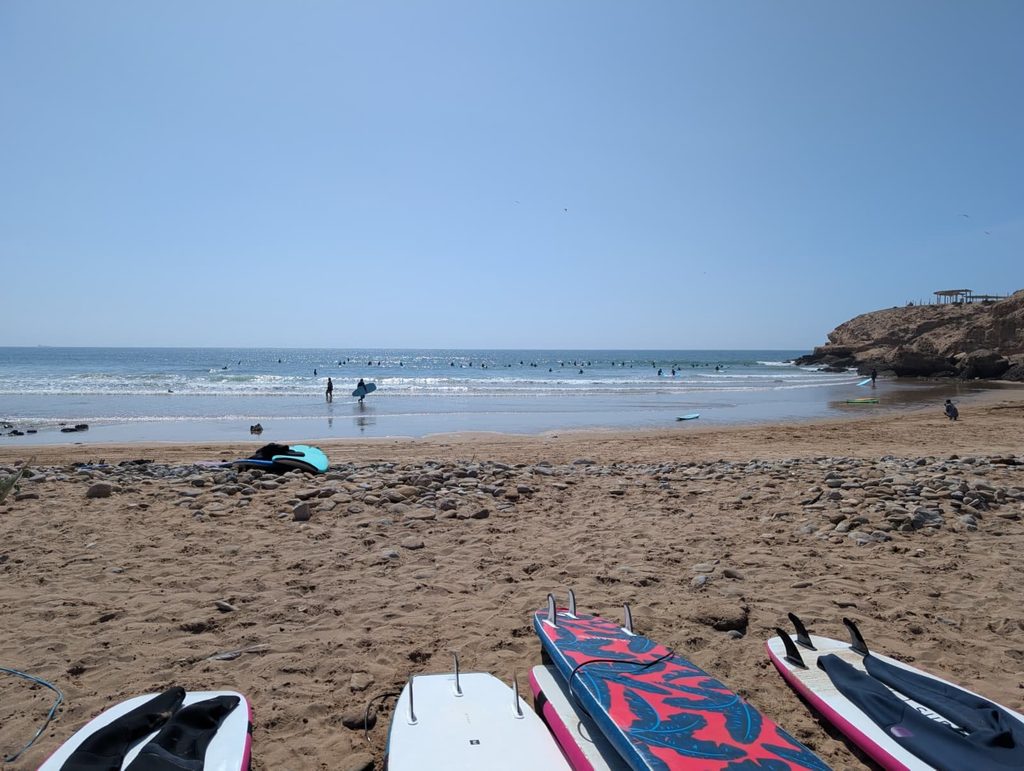 Best beginner surf beaches Near Tamraght: Crocro, Imourane, Banana Beach & More 4 Small waves at Banana Beach near Tamraght Morocco